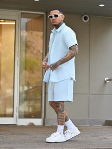 Devon Thys 2pcs Men Summer Simple Solid Color Textured Button-Up Short Sleeve Shirt And Shorts Set Men Baby Blue Short Set Men Two Pieces Casual Short Sets Two Pieces Summer Set For - Baby Blue - View 3