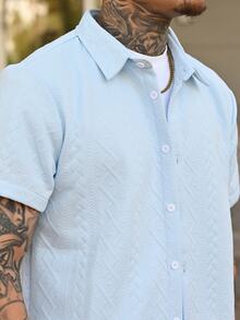 Devon Thys 2pcs Men Summer Simple Solid Color Textured Button-Up Short Sleeve Shirt And Shorts Set Men Baby Blue Short Set Men Two Pieces Casual Short Sets Two Pieces Summer Set For - Baby Blue - View 6