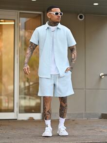 Devon Thys 2pcs Men Summer Simple Solid Color Textured Button-Up Short Sleeve Shirt And Shorts Set Men Baby Blue Short Set Men Two Pieces Casual Short Sets Two Pieces Summer Set For - Baby Blue - View 1
