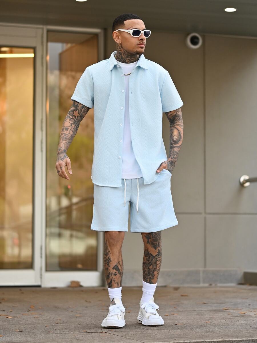Devon Thys 2pcs Men Summer Simple Solid Color Textured Button-Up Short Sleeve Shirt And Shorts Set Men Baby Blue Short Set Men Two Pieces Casual Short Sets Two Pieces Summer Set For - Baby Blue - View 1