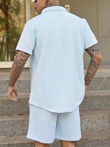 Devon Thys 2pcs Men Summer Simple Solid Color Textured Button-Up Short Sleeve Shirt And Shorts Set Men Baby Blue Short Set Men Two Pieces Casual Short Sets Two Pieces Summer Set For - Baby Blue - View 5
