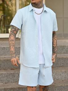 Devon Thys 2pcs Men Summer Simple Solid Color Textured Button-Up Short Sleeve Shirt And Shorts Set Men Baby Blue Short Set Men Two Pieces Casual Short Sets Two Pieces Summer Set For - Baby Blue - View 4