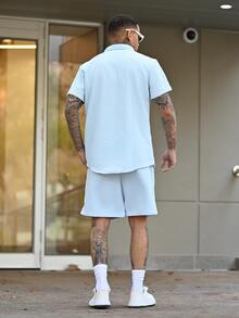 Devon Thys 2pcs Men Summer Simple Solid Color Textured Button-Up Short Sleeve Shirt And Shorts Set Men Baby Blue Short Set Men Two Pieces Casual Short Sets Two Pieces Summer Set For - Baby Blue - View 2