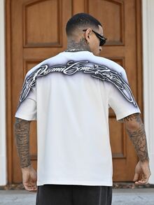 Devon Thys Spray Painted Edge Curved Handwritten Font Casual Print White Loose Fit Short Sleeve T-Shirt, Essential For Dates And Gatherings, Fashionable Outfit, Suitable As Gift For Boyfriend - White - View 2