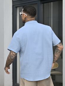Devon Thys 宽松男士纯色半扣短袖衬衫男士亚麻衬衫男士夏季上衣V领男士衬衫浅蓝色衬衫男士男士亚麻衬衫男士亚麻衬衫，Old Money - 藍色 - 查看 2