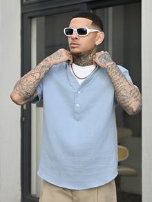 Devon Thys 宽松男士纯色半扣短袖衬衫男士亚麻衬衫男士夏季上衣V领男士衬衫浅蓝色衬衫男士男士亚麻衬衫男士亚麻衬衫，Old Money - 藍色 - 查看 5