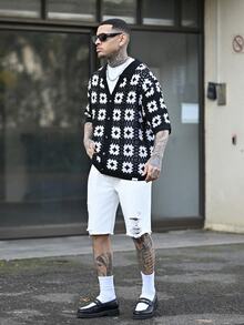 Devon Thys 男士全身印花纽扣前短袖针织上衣，夏季 - 黑色 - 查看 3