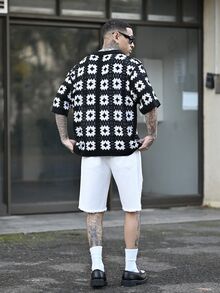 Devon Thys 男士全身印花纽扣前短袖针织上衣，夏季 - 黑色 - 查看 4