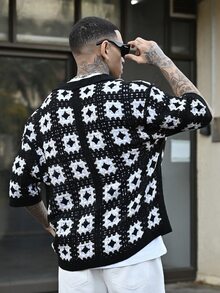 Devon Thys 男士全身印花纽扣前短袖针织上衣，夏季 - 黑色 - 查看 2