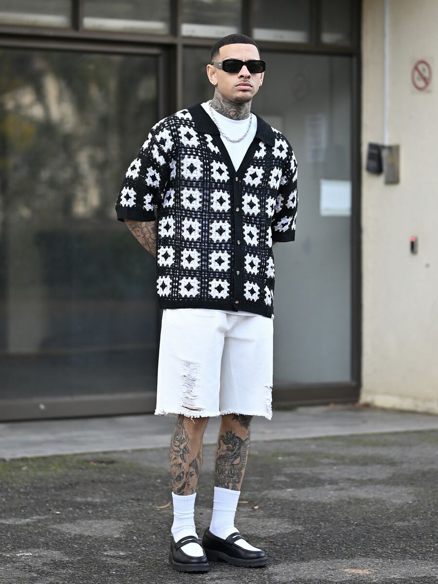 Devon Thys 男士全身印花纽扣前短袖针织上衣，夏季 - 黑色 - 查看 1