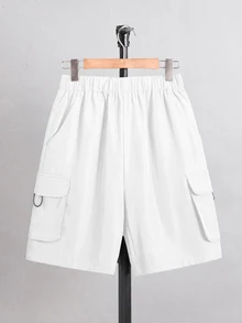 SHEIN Celana Kargo Kasual Serbaguna untuk Perjalanan Sehari-hari, Pinggang Elastis, Saku, Warna Polos untuk Remaja Laki-laki - Putih - View 5