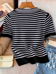 GlowEve CURVE Plus Size Casual Striped Bow V-Neck Long Sleeve Pullover Knit Top - Black and White - View 2