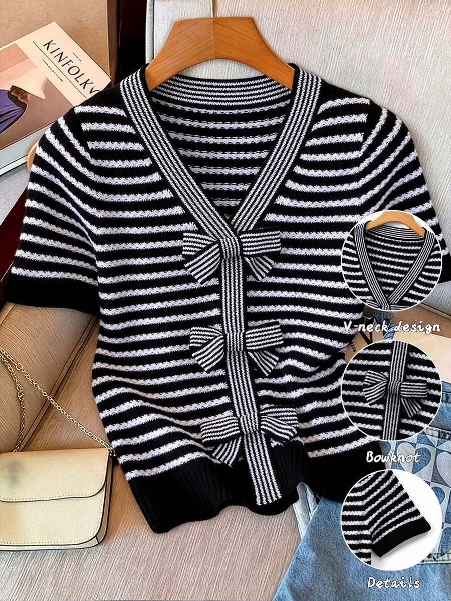 GlowEve CURVE Plus Size Casual Striped Bow V-Neck Long Sleeve Pullover Knit Top - Black and White - View 1