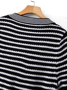 GlowEve CURVE Plus Size Casual Striped Bow V-Neck Long Sleeve Pullover Knit Top - Black and White - View 3