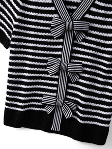 GlowEve CURVE Plus Size Casual Striped Bow V-Neck Long Sleeve Pullover Knit Top - Black and White - View 7