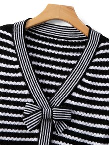 GlowEve CURVE Plus Size Casual Striped Bow V-Neck Long Sleeve Pullover Knit Top - Black and White - View 5