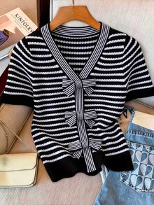 GlowEve CURVE Plus Size Casual Striped Bow V-Neck Long Sleeve Pullover Knit Top - Black and White - View 8