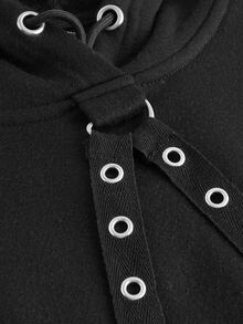 ROMWE PUNK Colorblock Grommet Eyelet Crop Hoodie, School,Long Sleeve Tops - Black and White - View 4