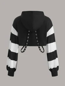 ROMWE PUNK Colorblock Grommet Eyelet Crop Hoodie, School,Long Sleeve Tops - Black and White - View 2