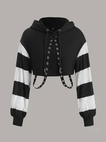 ROMWE PUNK Colorblock Grommet Eyelet Crop Hoodie, School,Long Sleeve Tops - Black and White - View 1