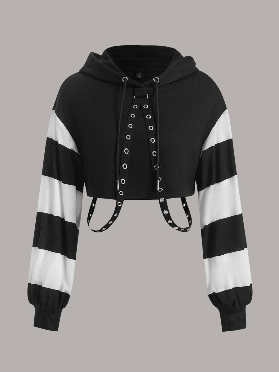 ROMWE PUNK Colorblock Grommet Eyelet Crop Hoodie, School,Long Sleeve Tops - Black and White - View 1
