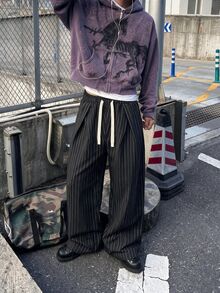 STEELVANCE 男士時尚通勤條紋寬腿長褲 - 黑色 - 查看 1