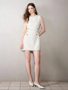 MOTF PREMIUM ELEGANT WOMEN'S SHORT DRESS WITH SMALL ROUND NECK, TEXTURED FABRIC, RHINESTONE BUTTON DECOR AND TASSEL DETAILS - Apricot - View 4