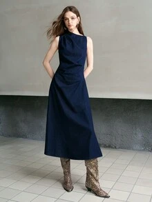 MOTF PREMIUM WOMEN'S AUTUMN STRUCTURED DESIGN DENIM MIDI DRESS - Navy Blue - View 4