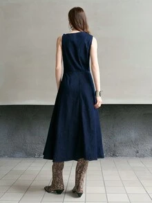 MOTF PREMIUM WOMEN'S AUTUMN STRUCTURED DESIGN DENIM MIDI DRESS - Navy Blue - View 3