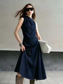 MOTF PREMIUM WOMEN'S AUTUMN STRUCTURED DESIGN DENIM MIDI DRESS - Navy Blue - View 7
