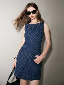 MOTF PREMIUM WOMEN'S SHORT DENIM DRESS WITH BOAT NECK, TEXTURED DENIM FABRIC, LOW WAIST AND BELT DETAIL - Navy Blue - View 6