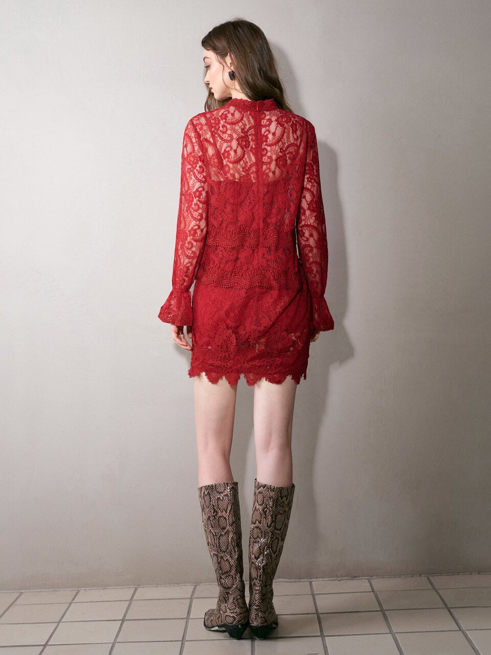 MOTF WOMEN'S AUTUMN LACE EMBROIDERY TRIM PATCHWORK FLARE SLEEVE SHORT DRESS COCKTAIL BAR PARTY RED ROMANTIC ELEGANT