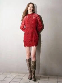 MOTF PREMIUM GAUN PENDEK WANITA MUSIM GUGUR DENGAN BORDIR RENDA DAN TRIM PATCHWORK, LENGAN LEBAR, COCKTAIL, PESTA, BAR, MERAH, ROMANTIS, ELEGAN - Merah - View 3