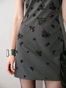 MOTF PREMIUM Abito camisole corto da donna con ricamo di paillettes posizionate per l'inizio dell'autunno - Grigio Scuro - Visualizzare 6
