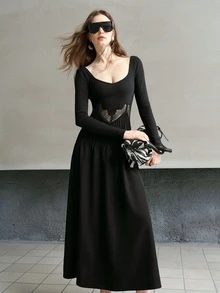MOTF PREMIUM 時尚甜心領喇叭腰蕾絲飾邊中長洋裝女款長袖洋裝 - 黑色 - 查看 5