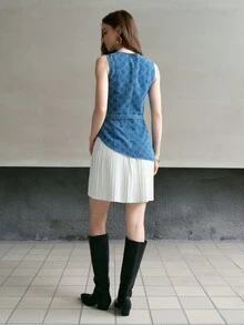 MOTF PREMIUM GAUN PENDEK LIPIH TENUN PATCHWORK DENIM WANITA UNTUK PAKAIAN SEHARI-HARI, KENCAN, BIRU MUDA, MUSIM PANAS, GAYA JALANAN - Biru - View 3