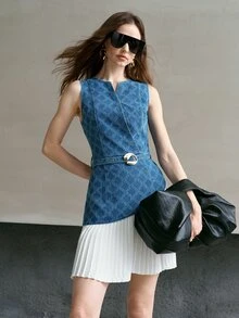 MOTF PREMIUM GAUN PENDEK LIPIH TENUN PATCHWORK DENIM WANITA UNTUK PAKAIAN SEHARI-HARI, KENCAN, BIRU MUDA, MUSIM PANAS, GAYA JALANAN - Biru - View 7