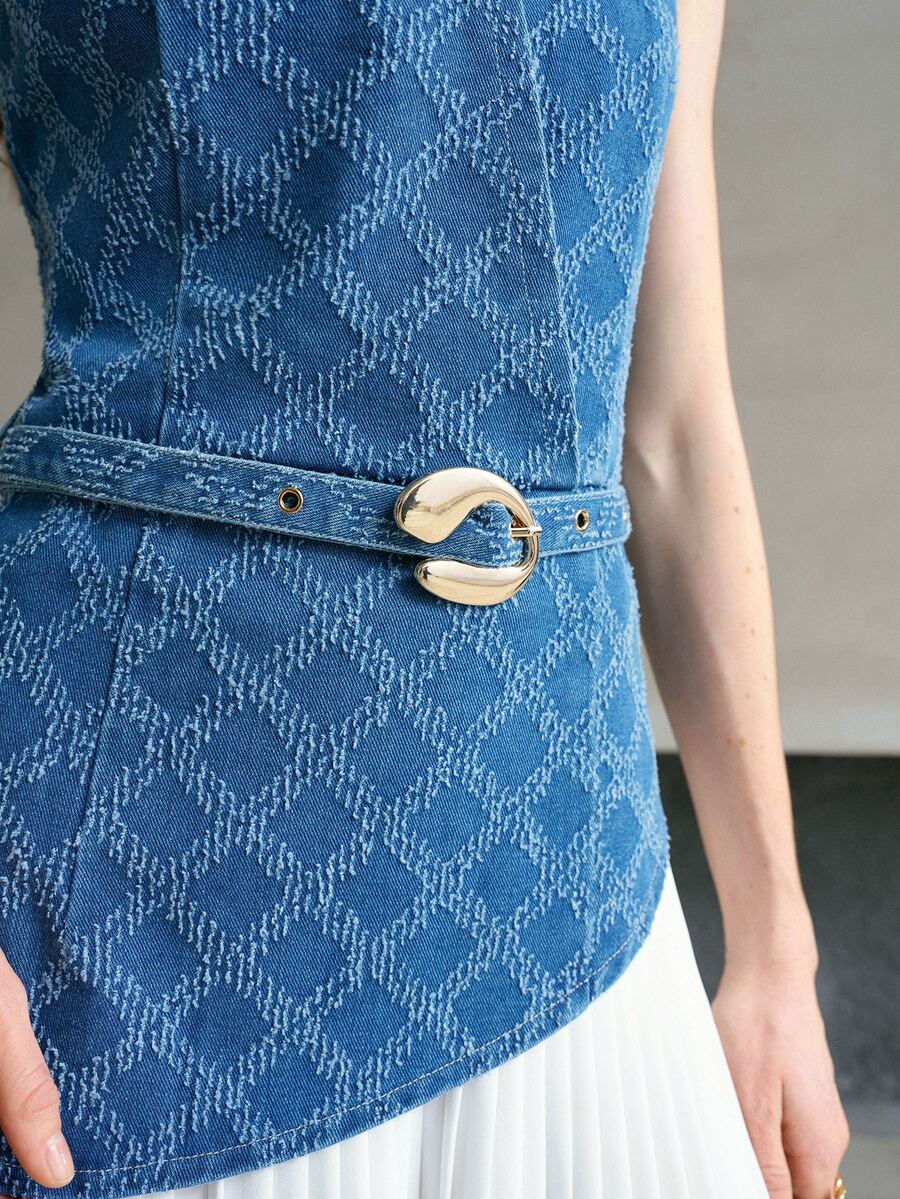 MOTF PREMIUM WOMEN'S DENIM PATCHWORK WOVEN PLEATED SHORT DRESS FOR DAILY WEAR DATE EVERYDAY DATING LIGHT BLUE SUMMER STREET - Blue - View 2