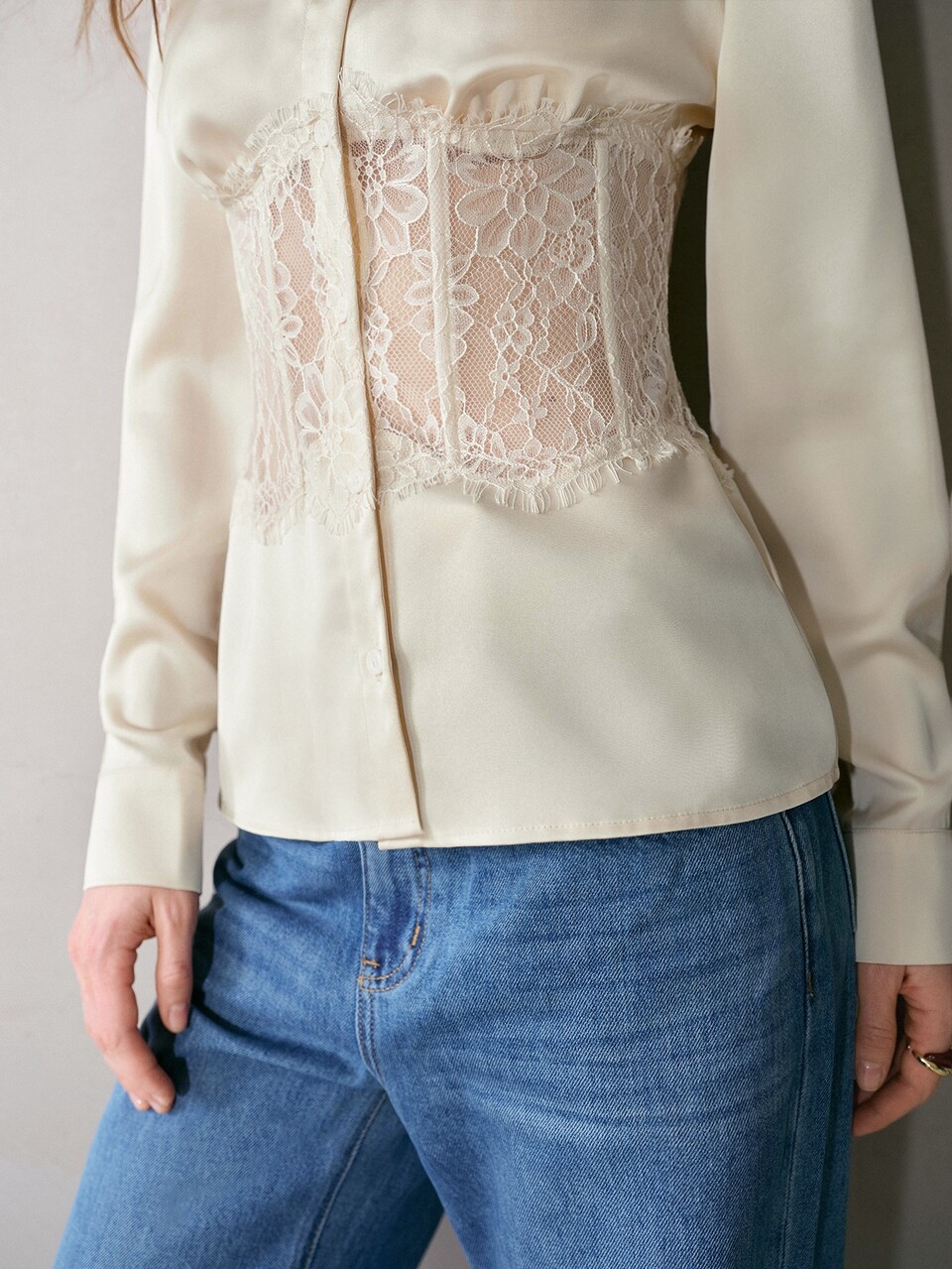 MOTF WOMEN'S AUTUMN LACE PATCHWORK CINCHED WAIST FISHBONE STRUCTURE DESIGN BLOUSE
