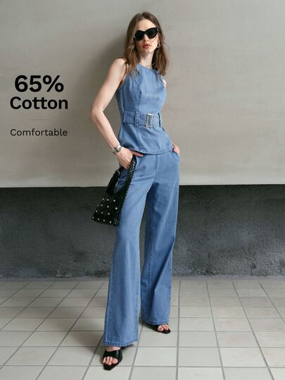 MOTF PREMIUM METAL DECOR ROUND NECK TOP & JEANS 2 PIECES SET