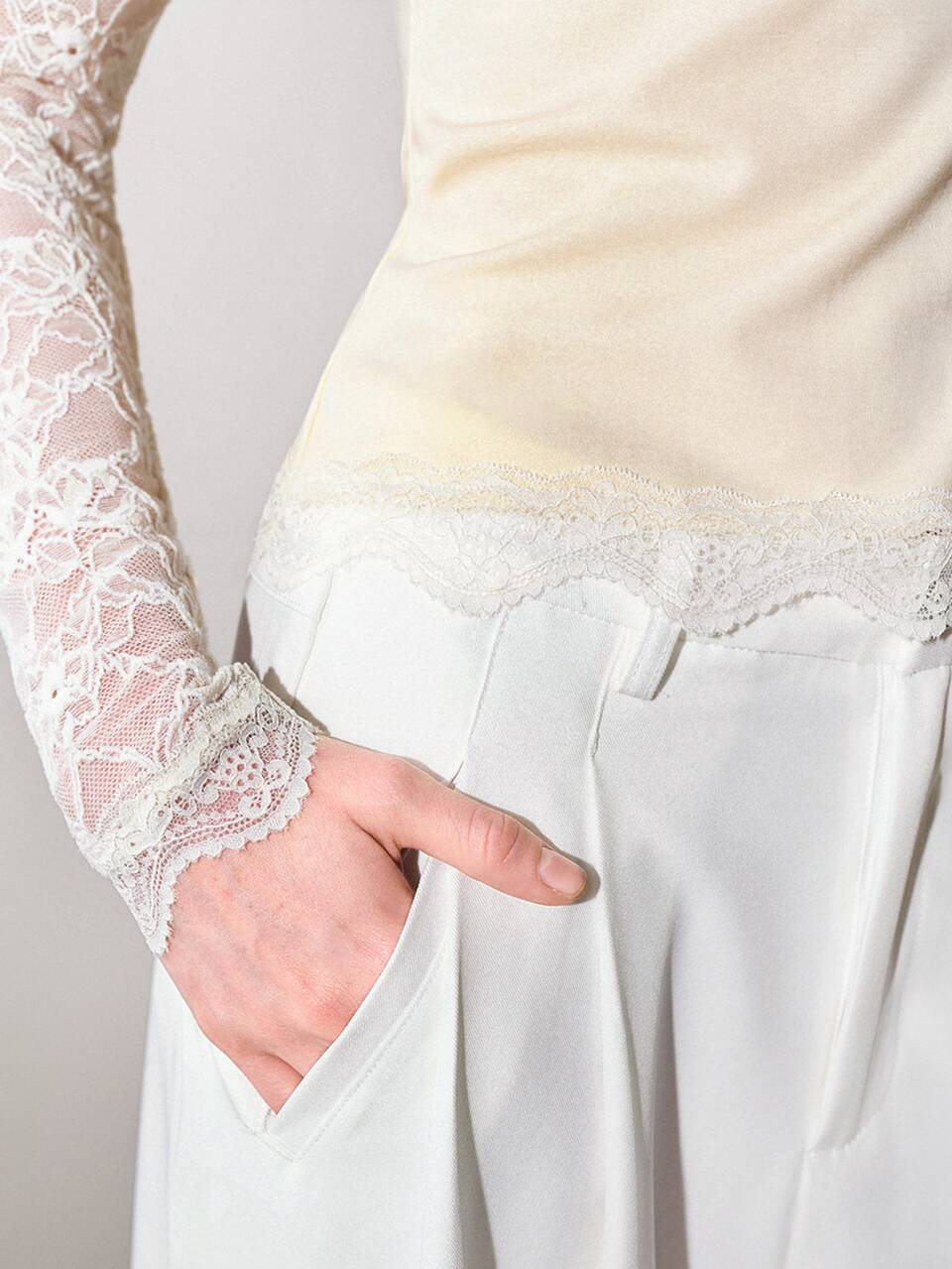 MOTF WOMEN'S KNITTED ELASTIC FABRIC PATCHWORK ELEGANT FRENCH LACE LONG SLEEVE TOP TEA PARTY DATE WHITE AUTUMN