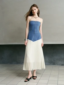 MOTF PREMIUM SPRING/SUMMER WOMEN'S STRAPLESS DENIM PATCHWORK PLEATED MIDI DRESS FOR DAILY WEAR AND DATING - Blue - View 4