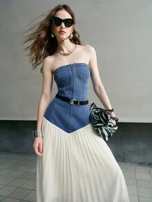 MOTF PREMIUM SPRING/SUMMER WOMEN'S STRAPLESS DENIM PATCHWORK PLEATED MIDI DRESS FOR DAILY WEAR AND DATING - Blue - View 6