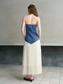 MOTF PREMIUM SPRING/SUMMER WOMEN'S STRAPLESS DENIM PATCHWORK PLEATED MIDI DRESS FOR DAILY WEAR AND DATING - Blue - View 3