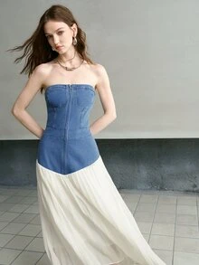 MOTF PREMIUM SPRING/SUMMER WOMEN'S STRAPLESS DENIM PATCHWORK PLEATED MIDI DRESS FOR DAILY WEAR AND DATING - Blue - View 5