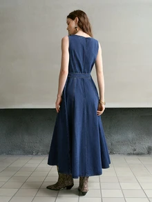 MOTF PREMIUM WOMEN'S SPRING/SUMMER CASUAL DATE SLEEVELESS TIE WAIST DENIM DRESS - Blue - View 3