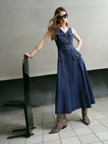 MOTF PREMIUM WOMEN'S SPRING/SUMMER CASUAL DATE SLEEVELESS TIE WAIST DENIM DRESS - Blue - View 7