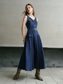 MOTF PREMIUM WOMEN'S SPRING/SUMMER CASUAL DATE SLEEVELESS TIE WAIST DENIM DRESS - Blue - View 4