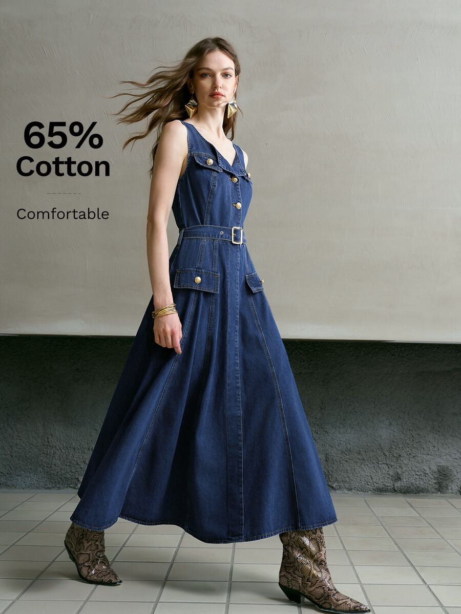 MOTF PREMIUM WOMEN'S SPRING/SUMMER CASUAL DATE SLEEVELESS TIE WAIST DENIM DRESS - Blue - View 1