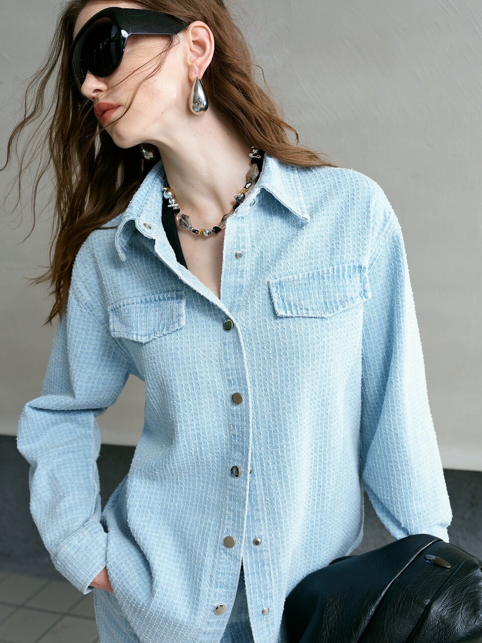 MOTF WOMEN'S SPRING/AUTUMN TEXTURED JACQUARD DENIM SHIRT AND STRAIGHT LEG JEANS SET